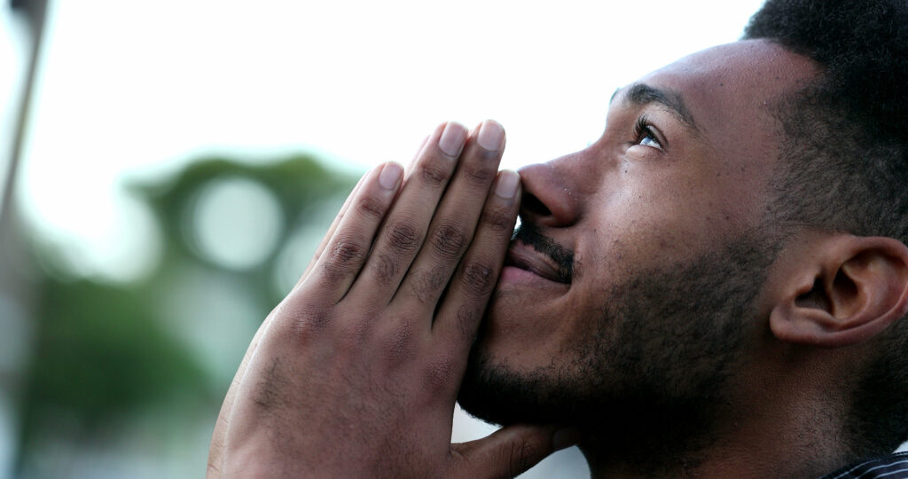 Spiritual,Young,Black,African,Man,Praying,To,God.,Person,Looking