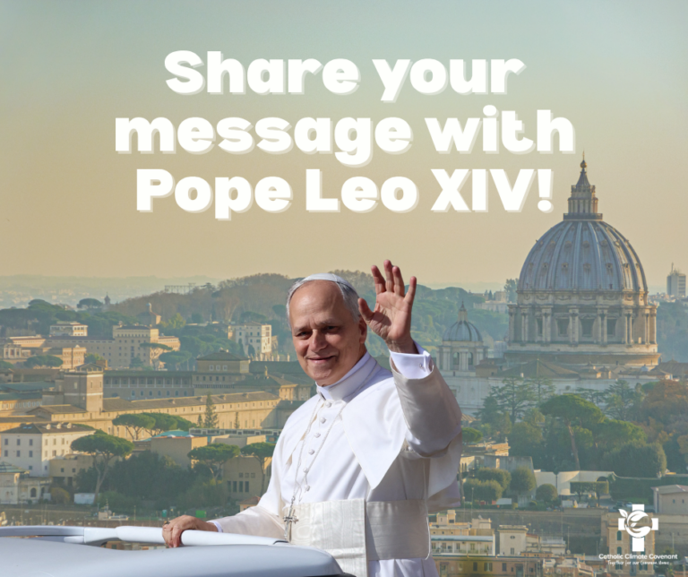 Pope Leo XIV waves to the camera with the skyline of Rome and the Vatican behind him.